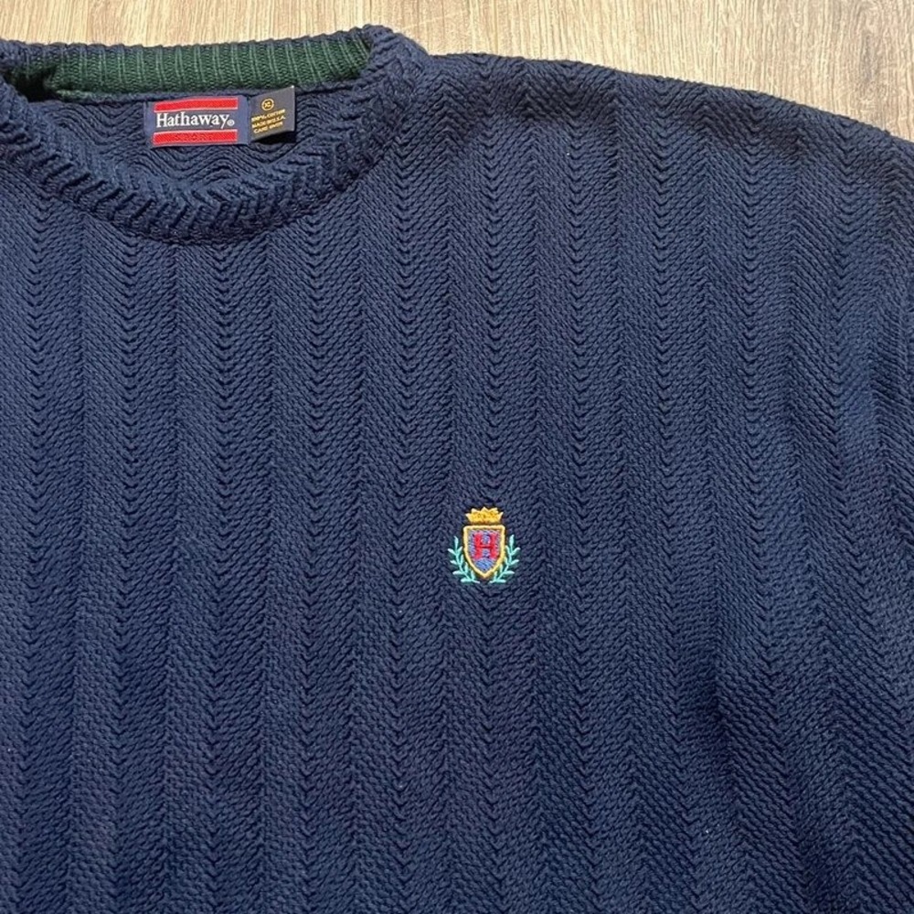 Vintage 90s Hathaway Navy Textured Cotton Crest Sweater Men's XL USA Made